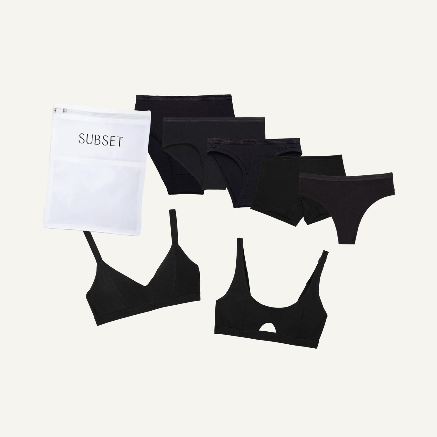 Carbon organic cotton top drawer swap with 5 pairs of organic cotton underwear, 2 organic cotton soft bras, and 1 lingerie bag