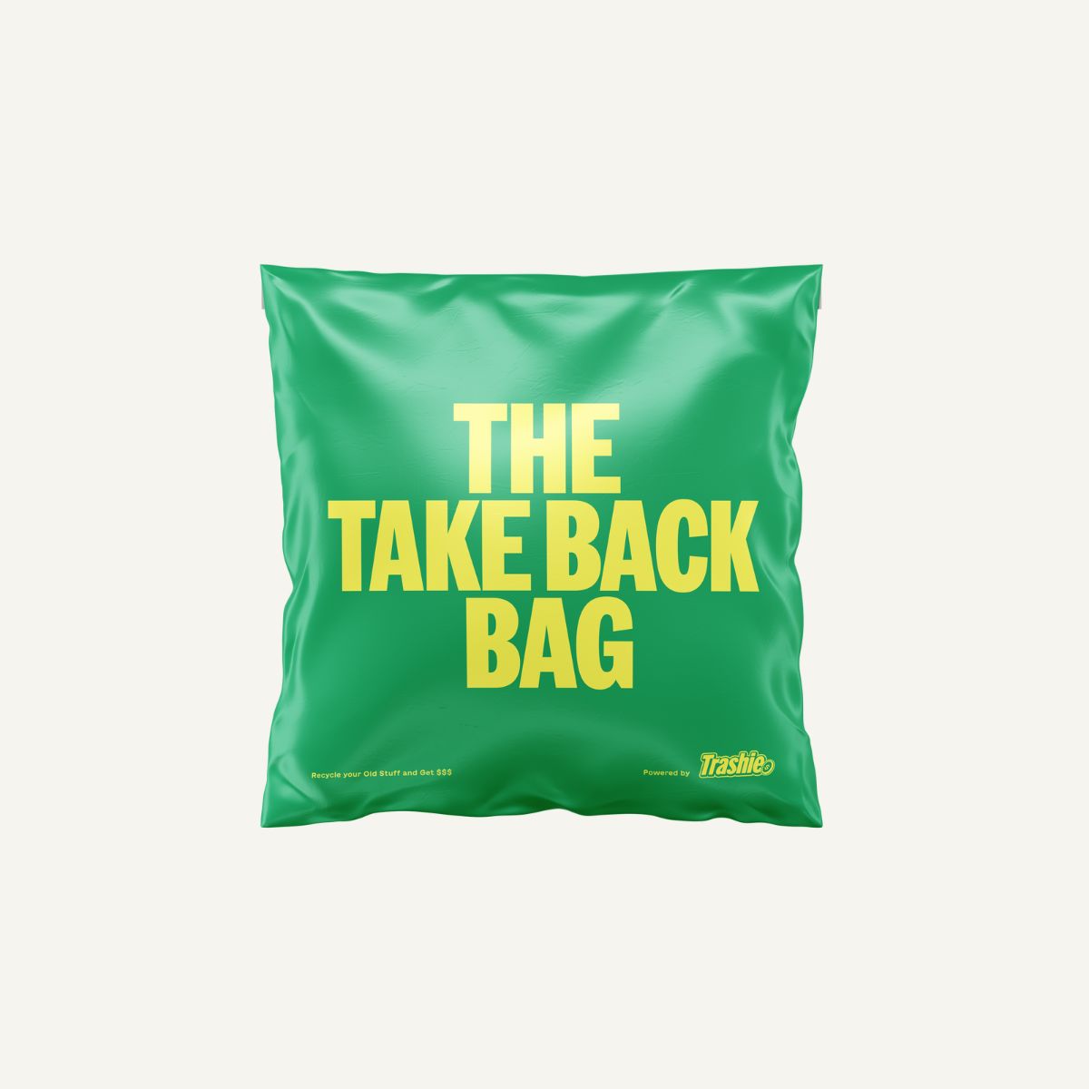 Green bag with the text 'THE TAKE BACK BAG' printed in yellow.