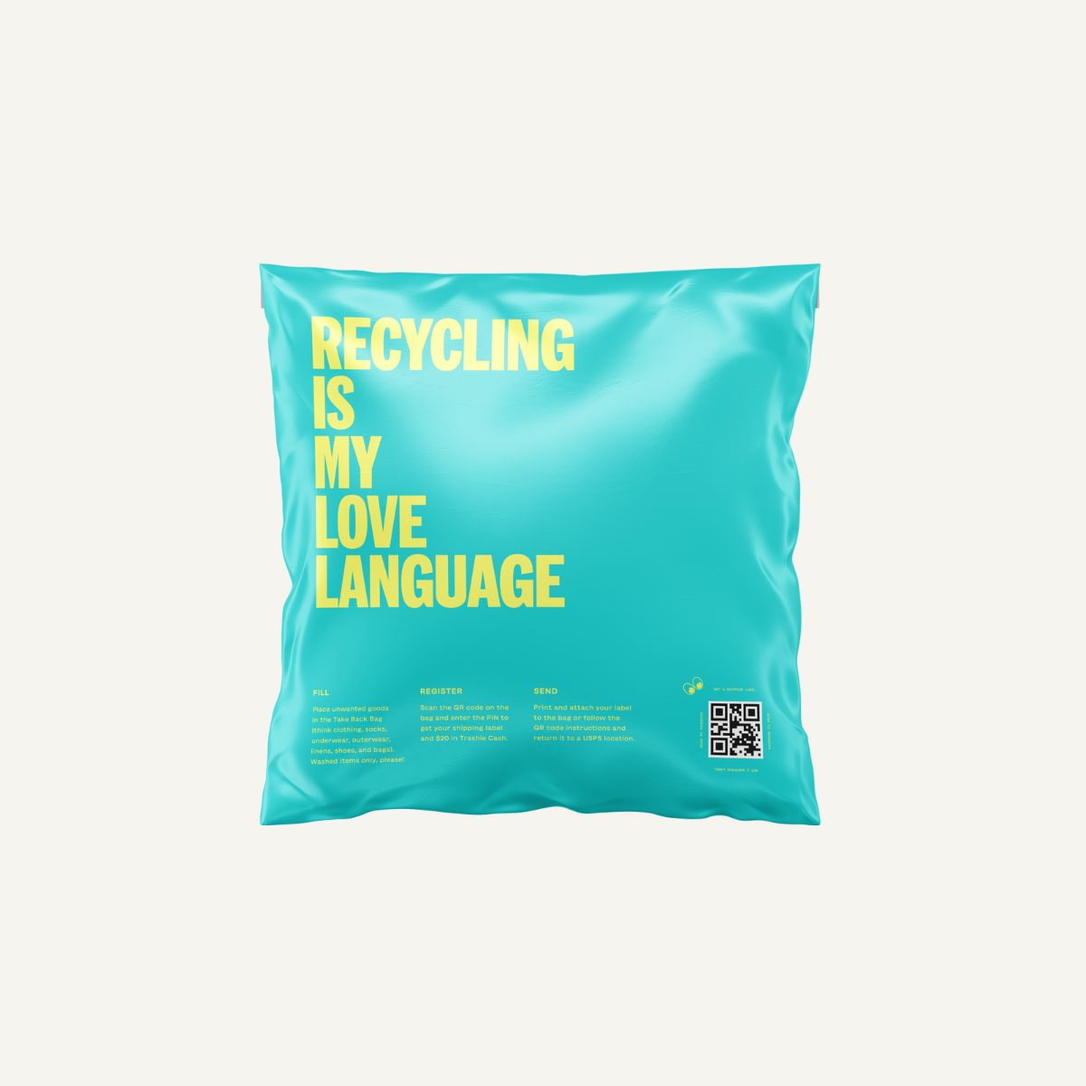A recycling light blue bag with yellow text