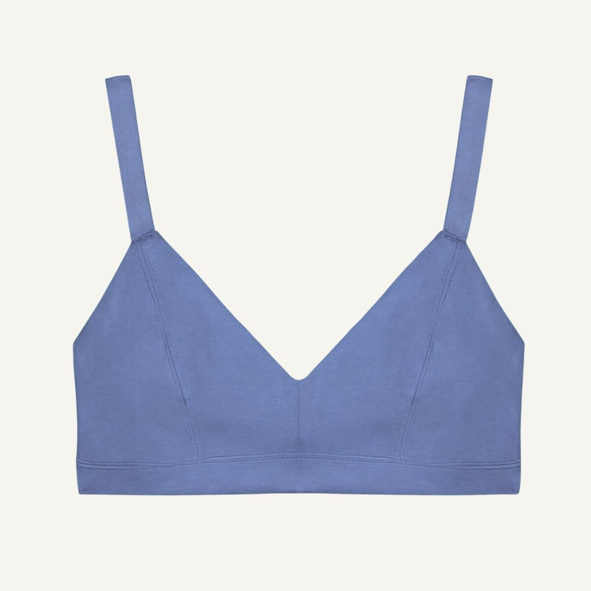 A gale blue organic cotton triangle soft bra with adjustable straps.