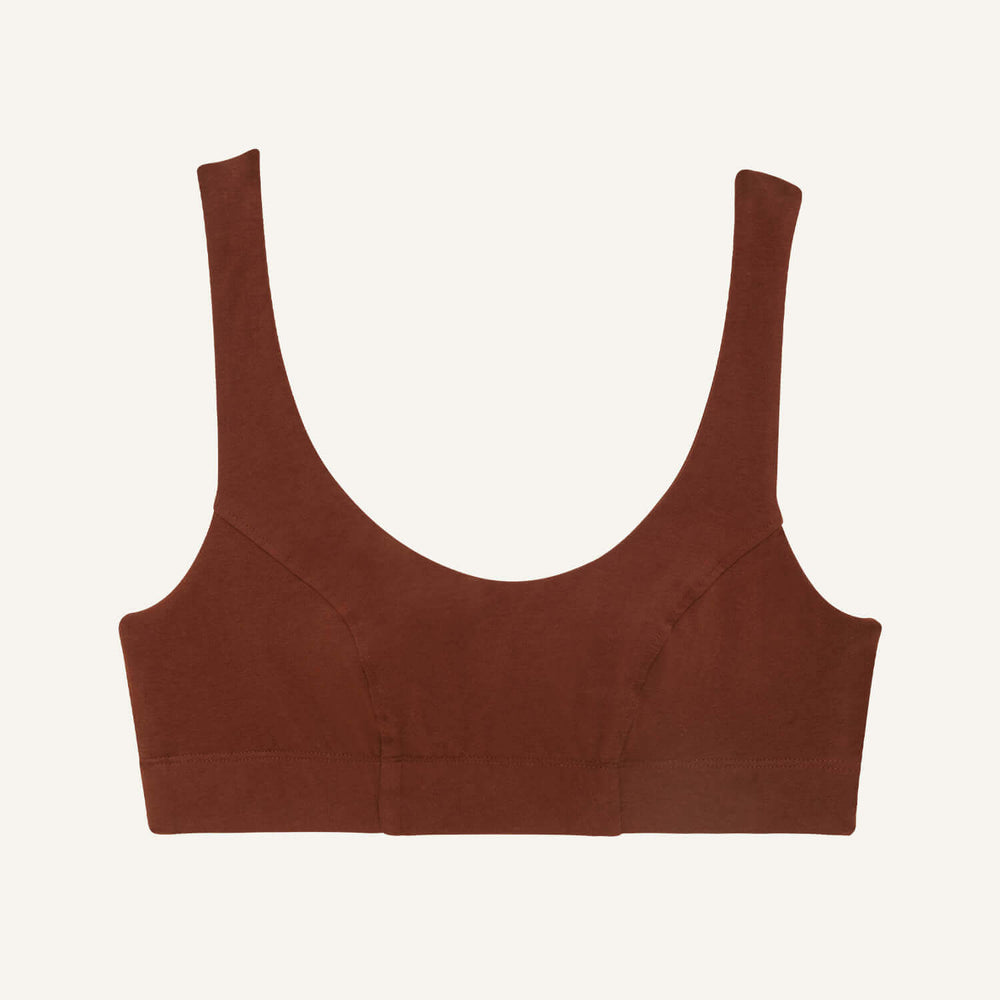 A scoop bralette in cacao brown color.